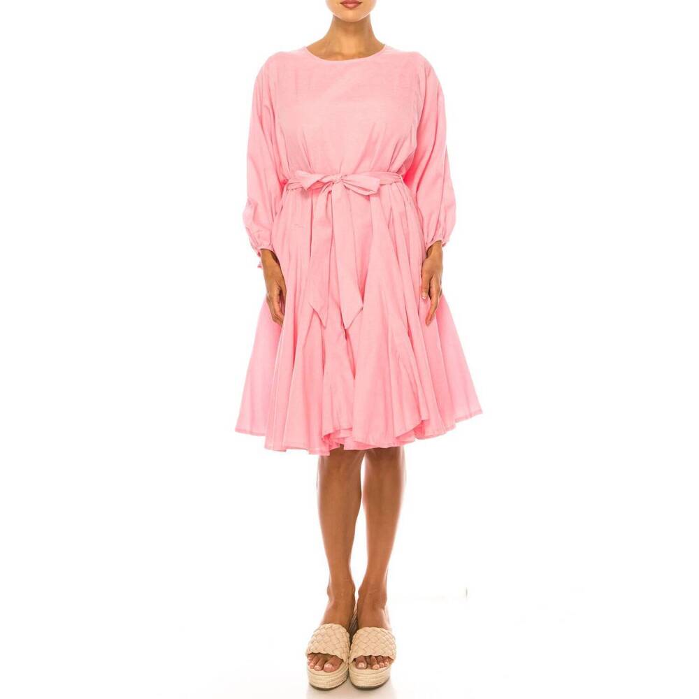 NEW VIVID long sleeve belted godet skirt flared dress in pink